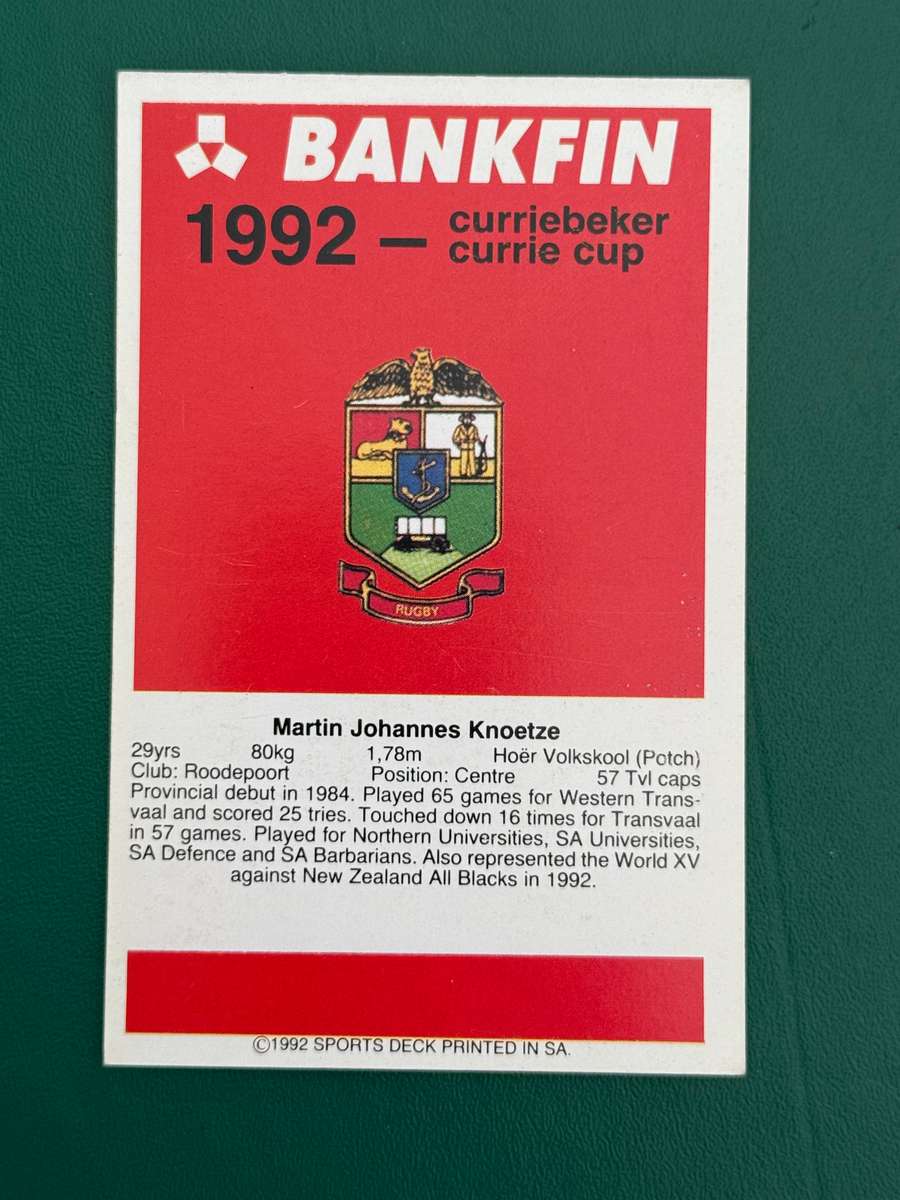Rugby Card - Martin Knoetze 1992 Sports Deck Rugby Card Nr97