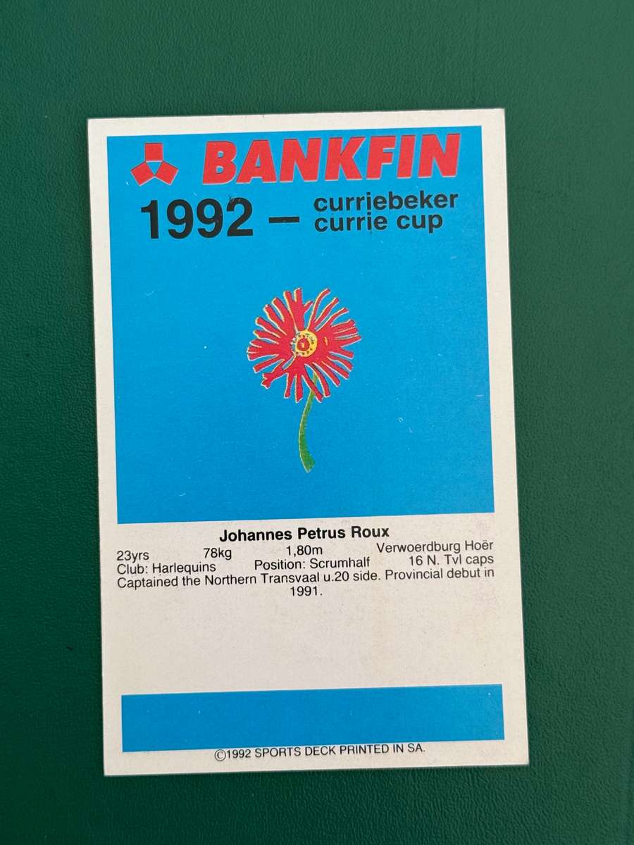 Rugby Card - Johan Roux 1992 Sports Deck Rugby Card Nr103