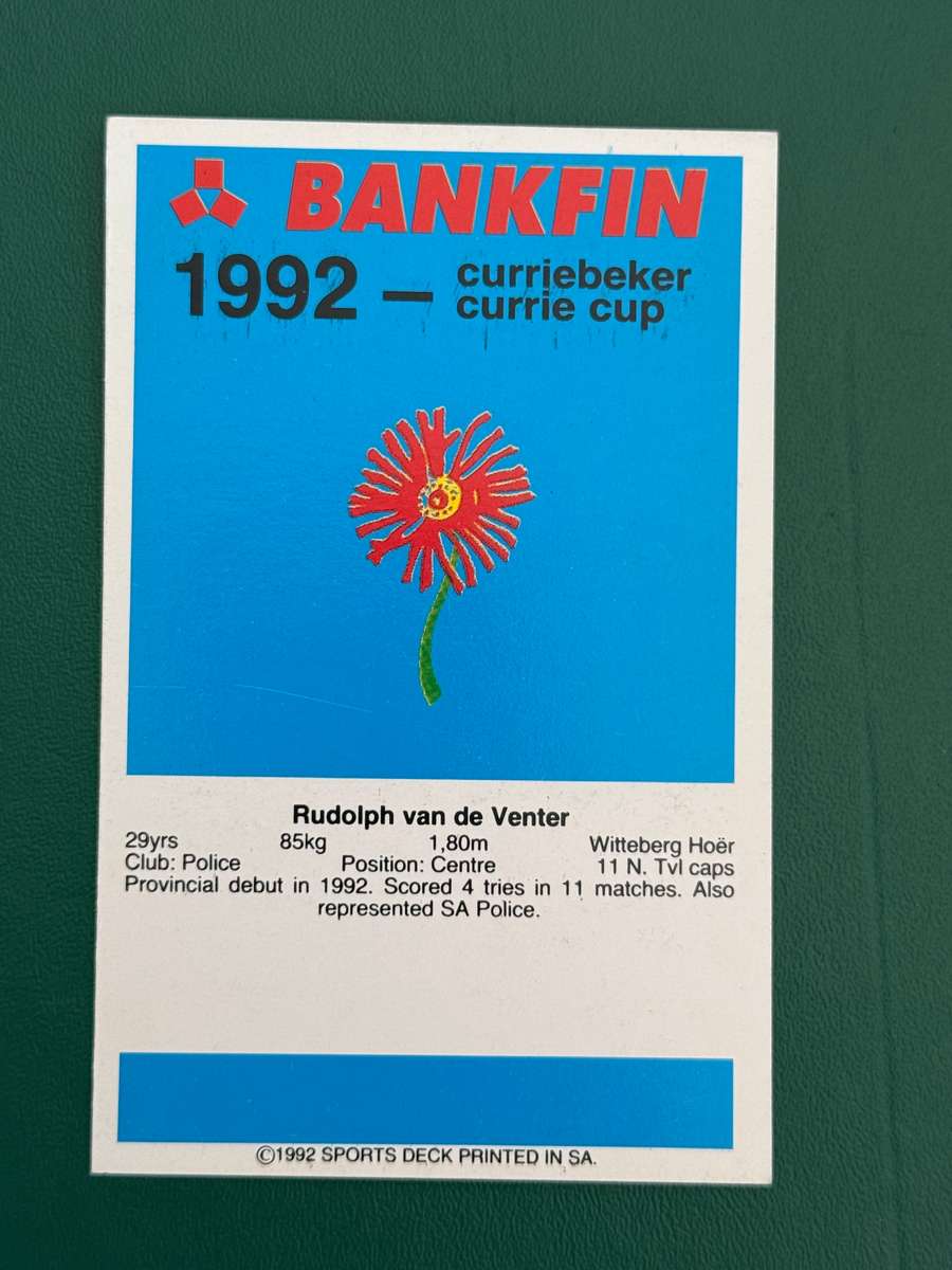 Rugby Card - Rudi van de Venter 1992 Sports Deck Rugby Card