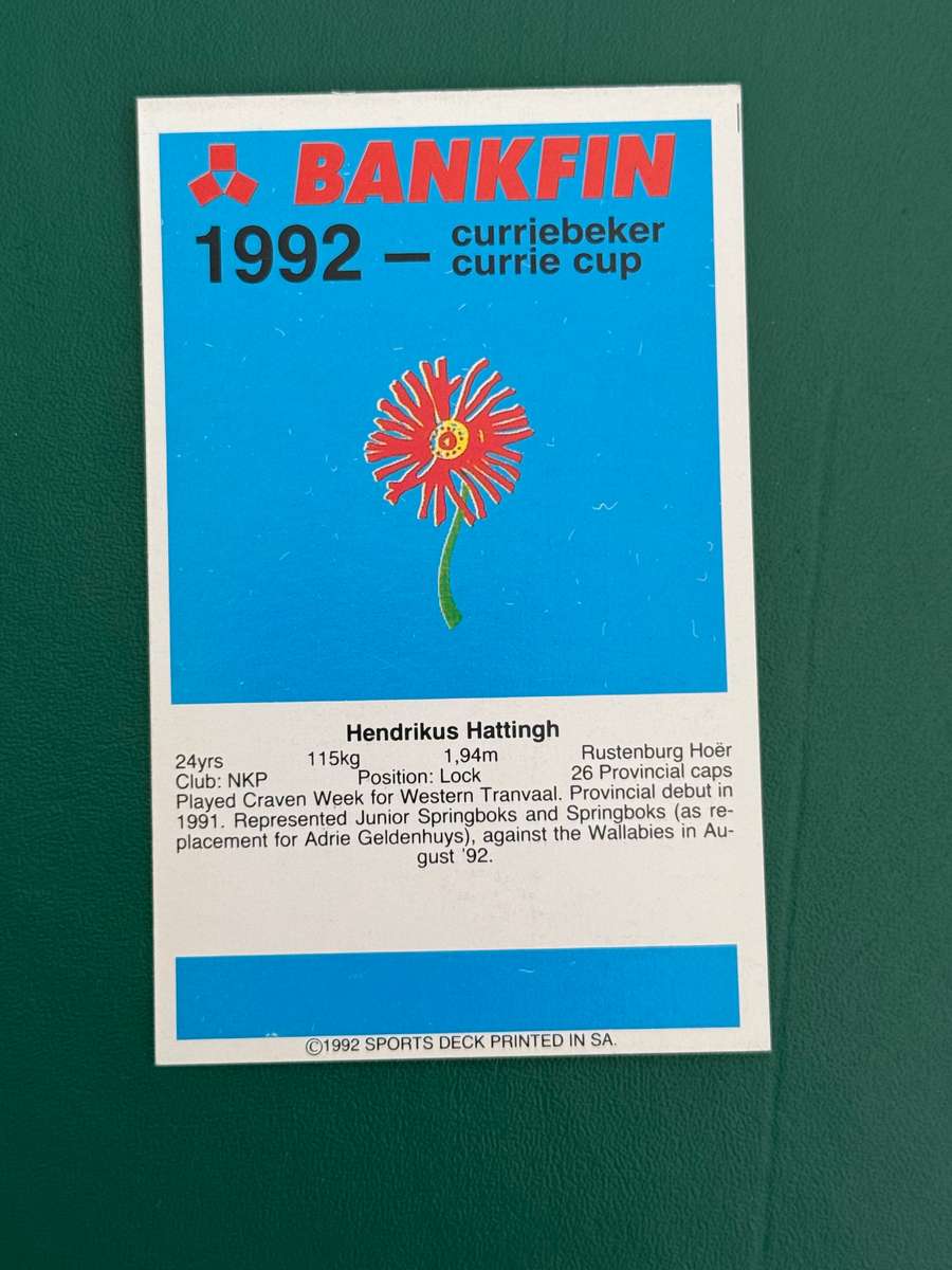 Rugby Card - Drikus Hattingh 1992 Sports Deck Rugby Card Nr108