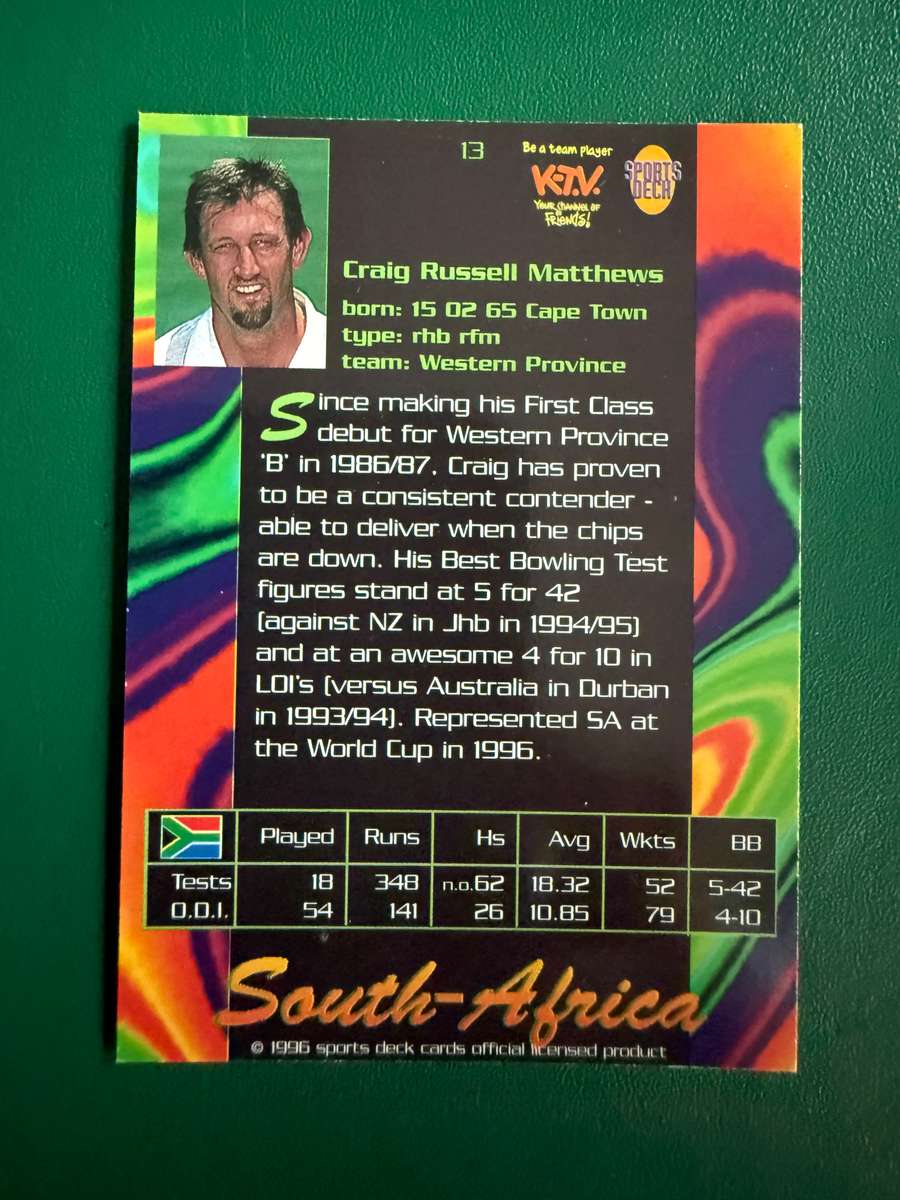 Cricket Card - Craig Matthews 1996 Sports Deck Cricket Card