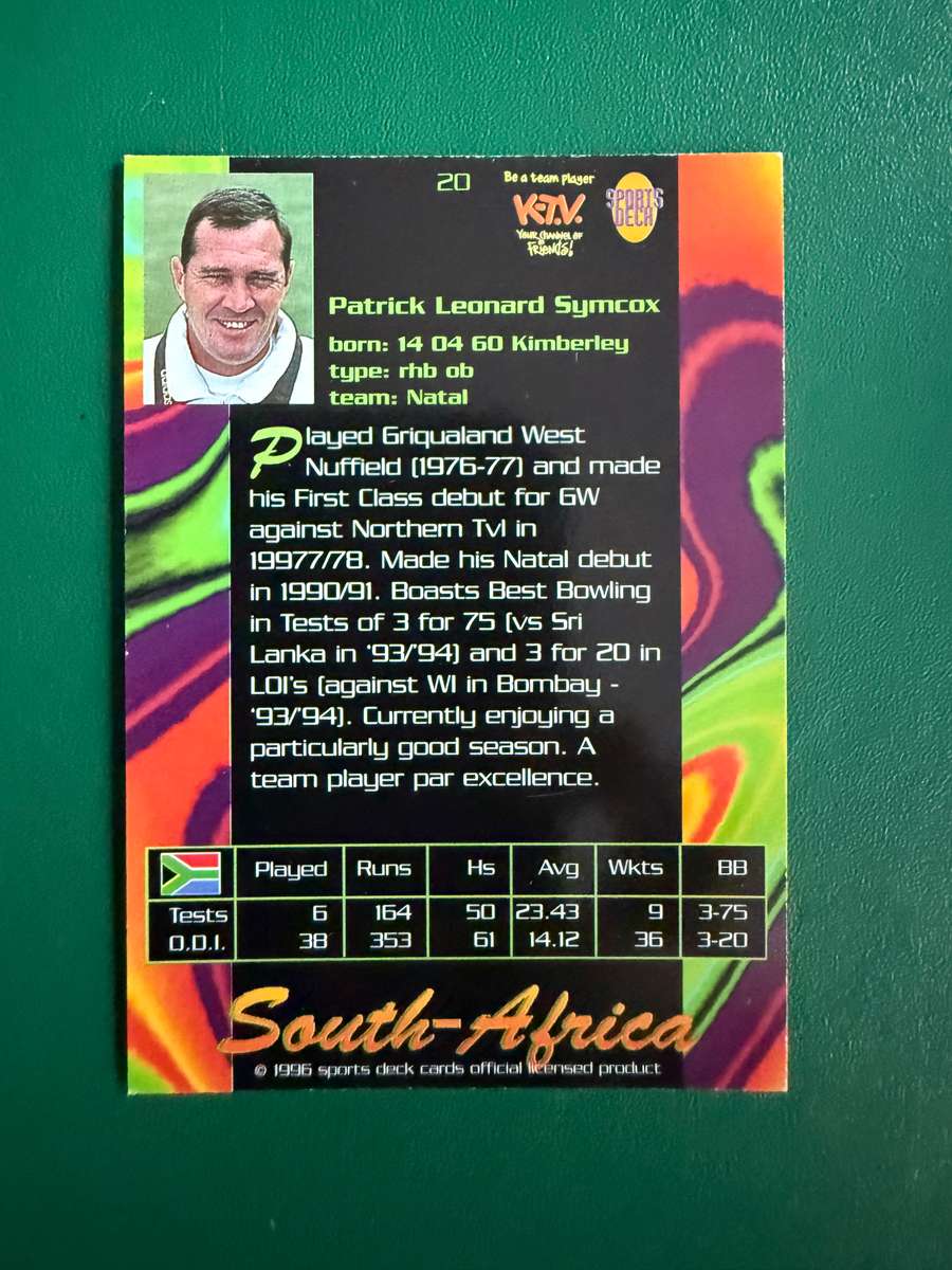 Cricket Card - Pat Symcox 1996 Sports Deck Cricket Card