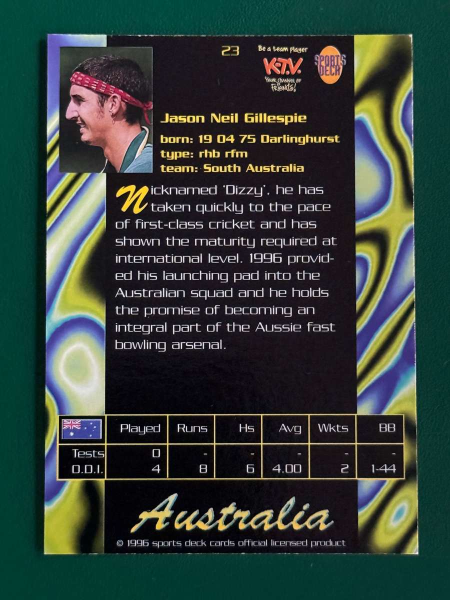 Cricket Card - Jason Gillespie 1996 Sports Deck Cricket Card