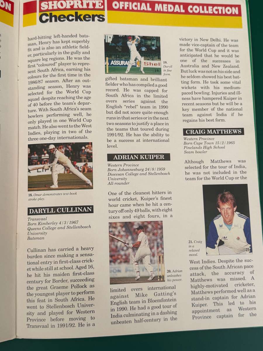 Cricket - Complete Checkers South-Africa vs India in SA 1992 Medal Collection