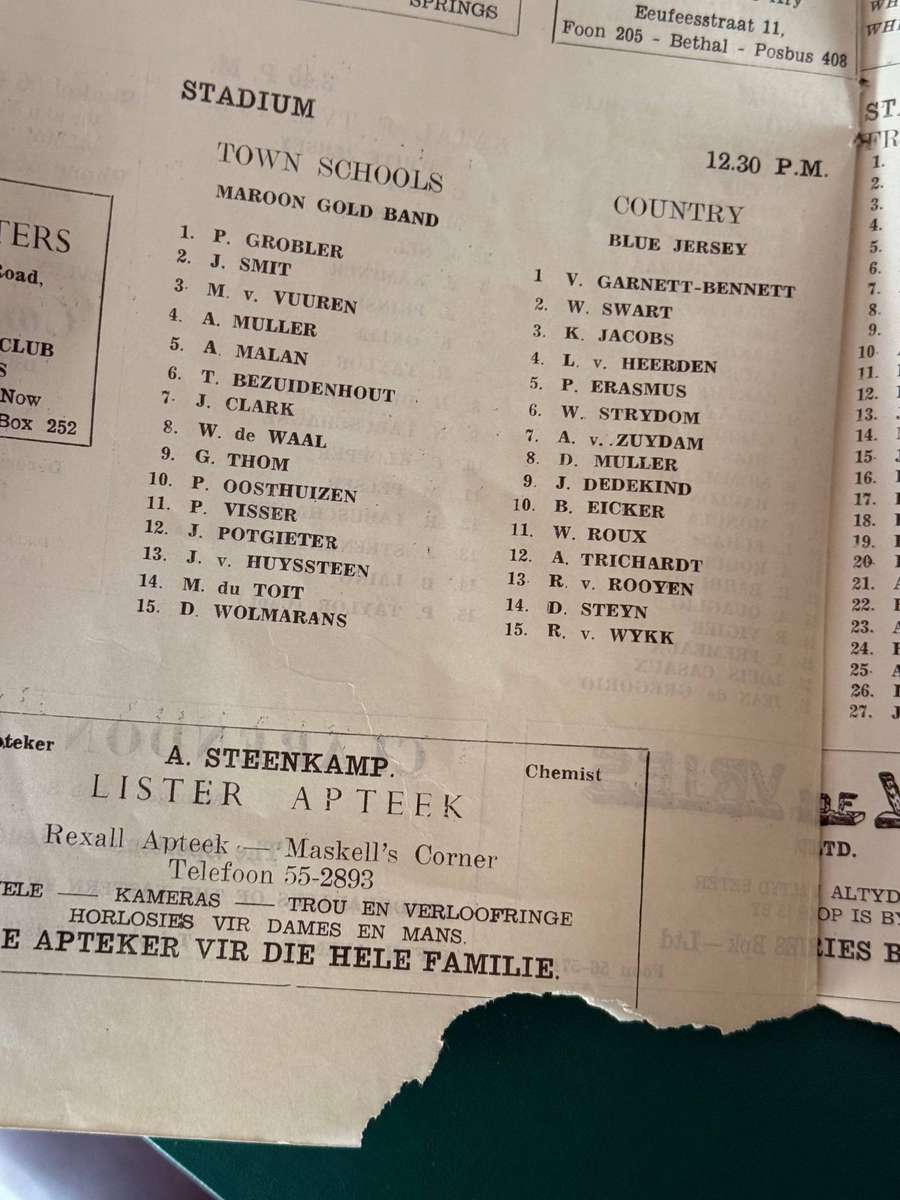 Rugby Programme - *TOUR* France vs Eastern-Transvaal/Natal/Transvaal 19/07/1958