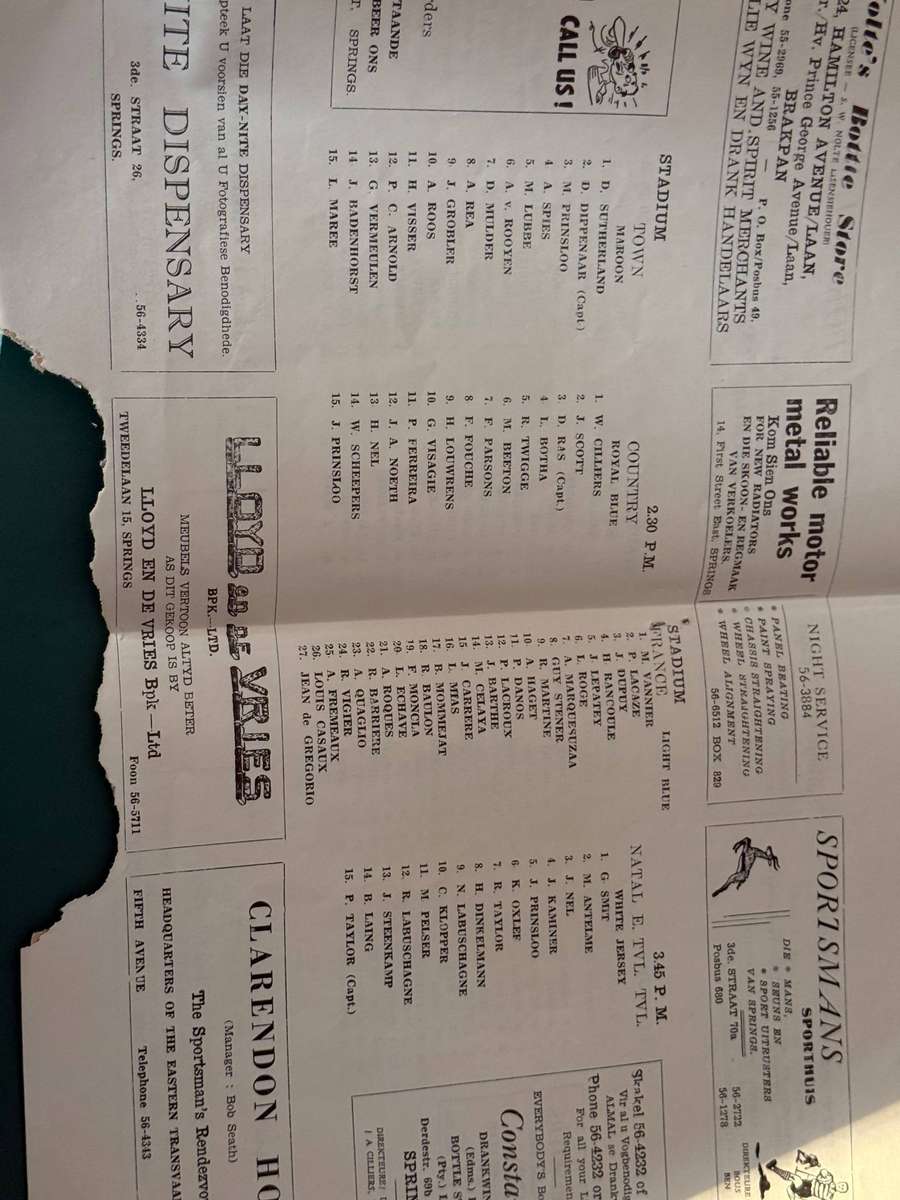 Rugby Programme - *TOUR* France vs Eastern-Transvaal/Natal/Transvaal 19/07/1958