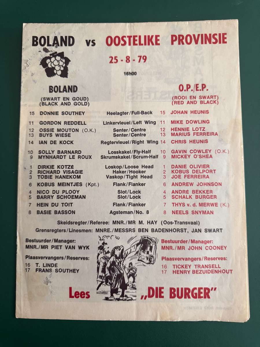 Rugby Programme - Boland vs Eastern-Province 25/08/1979