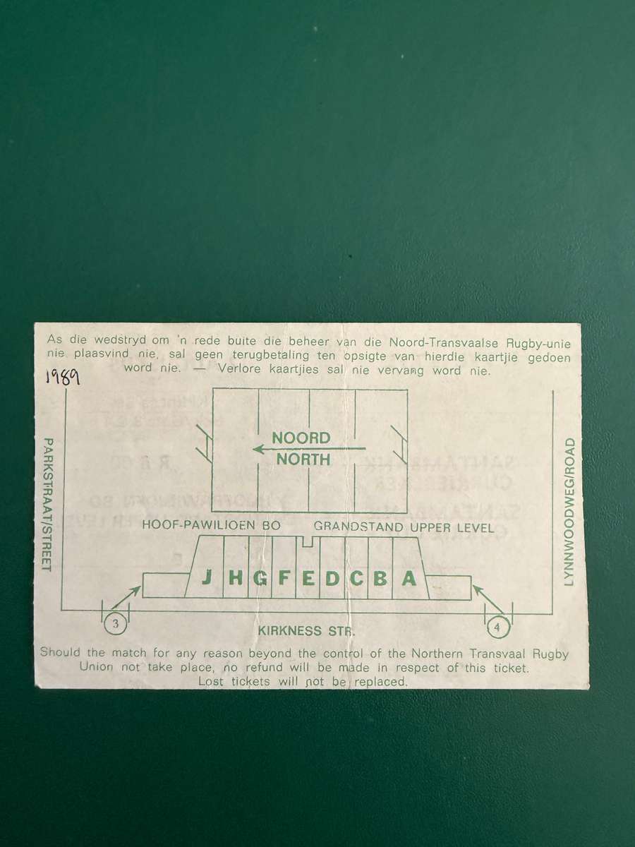 Rugby Ticket - Northern-Transvaal vs Transvaal 12/08/1989