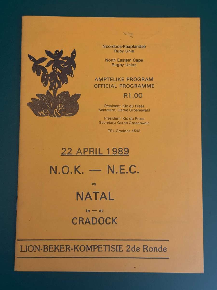 Rugby Programme - Noord Oos Kaap vs Natal 22/04/1989
