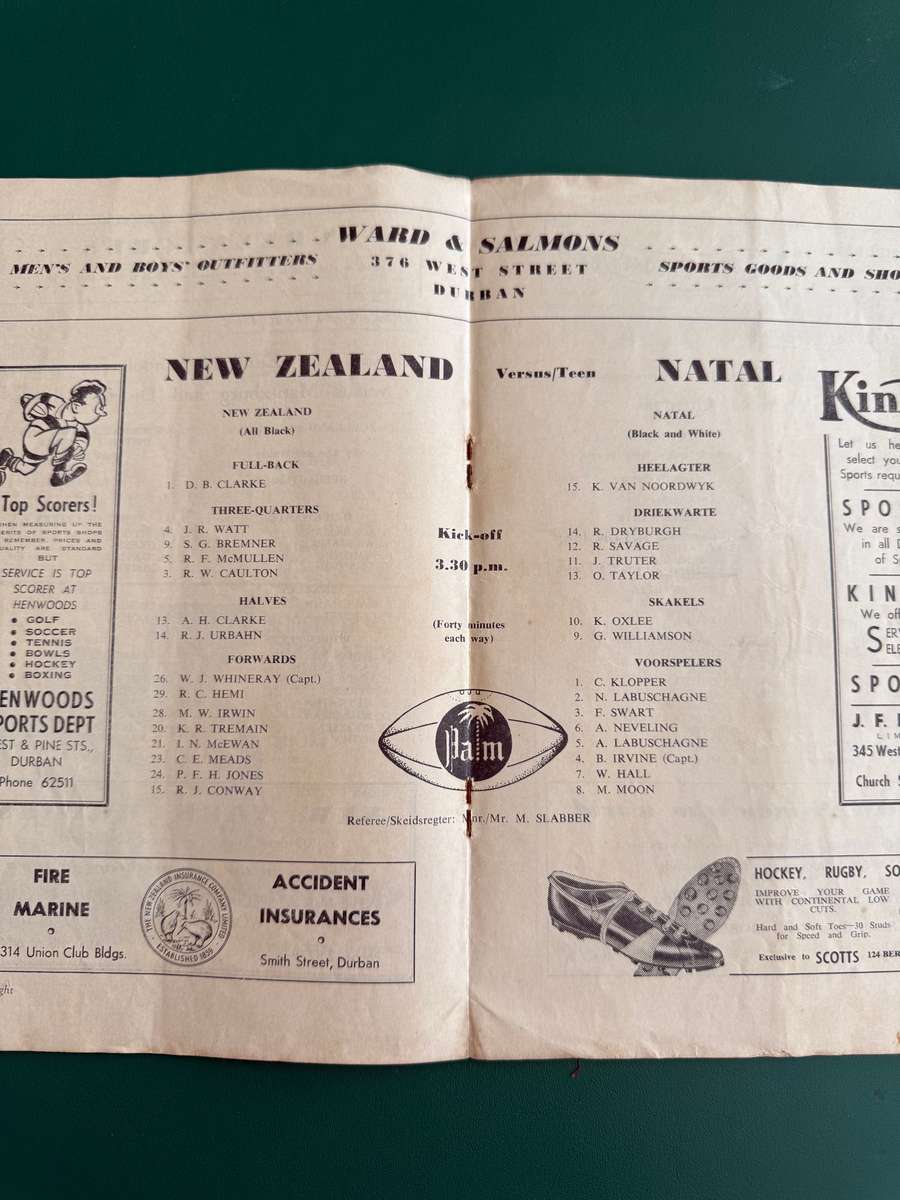Rugby Programme - *TOUR* Natal vs New Zealand All Blacks 31/05/1960