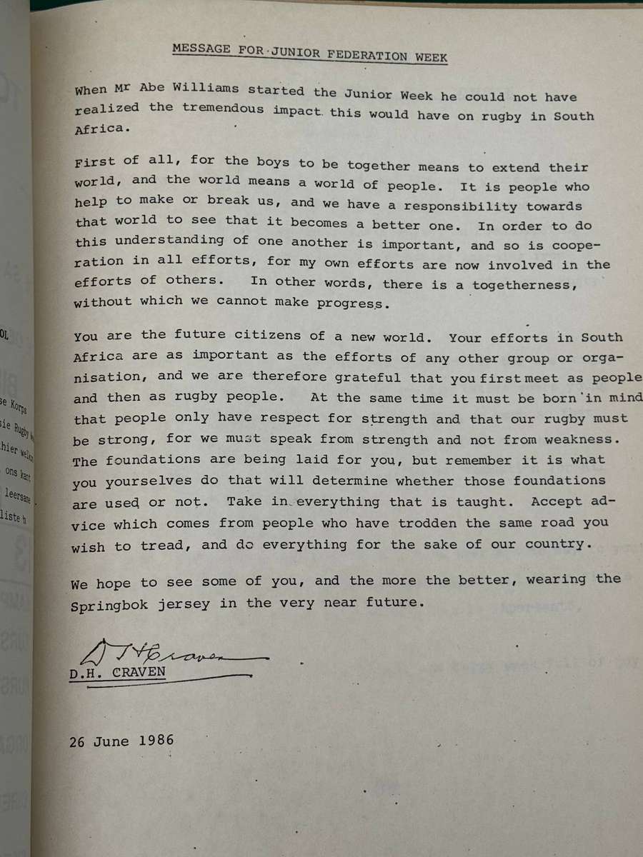 Rugby Itinerary/Programme - Toyota Junior Rugby Week (Cape Corps School) 1986