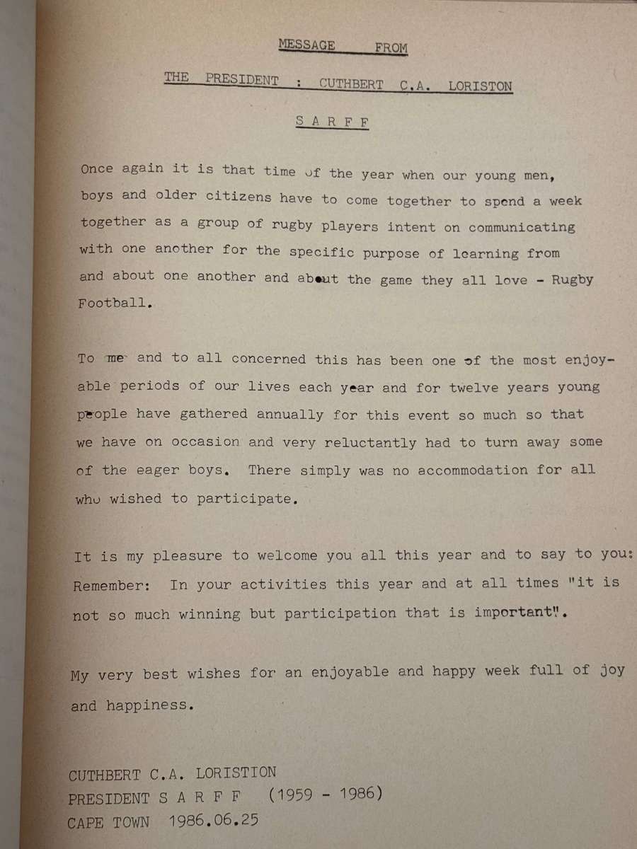 Rugby Itinerary/Programme - Toyota Junior Rugby Week (Cape Corps School) 1986