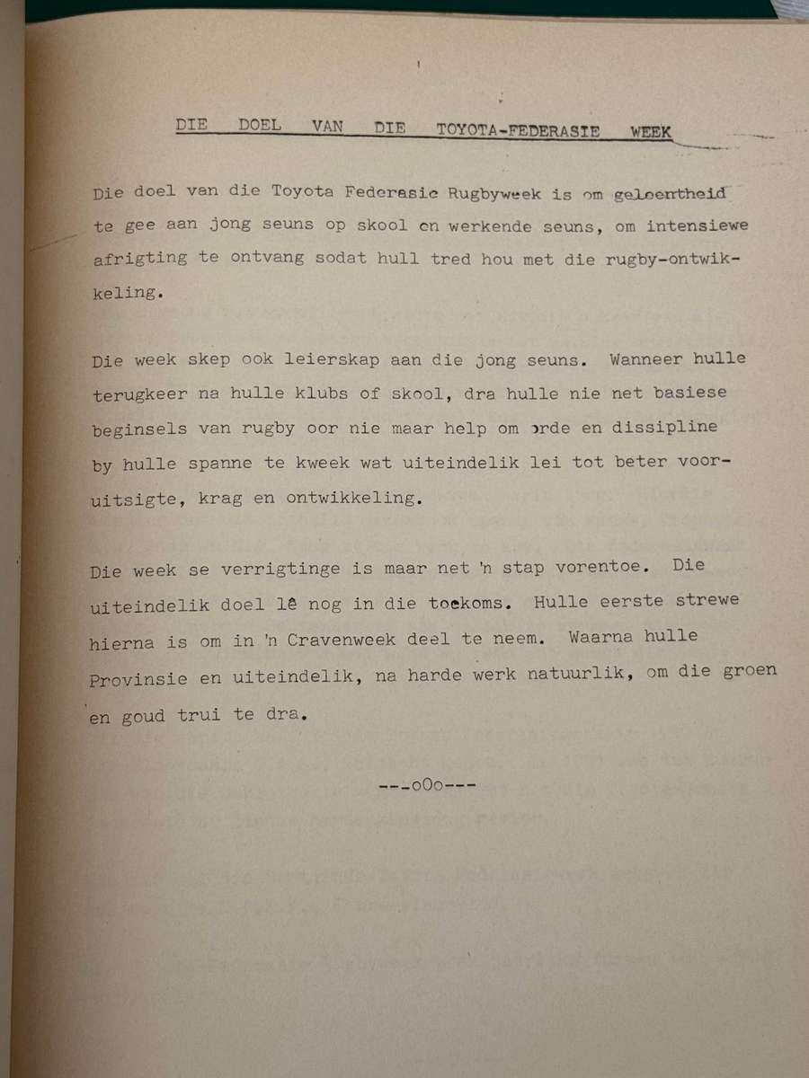 Rugby Itinerary/Programme - Toyota Junior Rugby Week (Cape Corps School) 1986