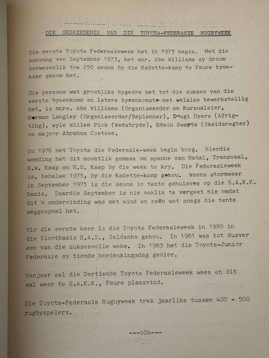 Rugby Itinerary/Programme - Toyota Junior Rugby Week (Cape Corps School) 1986