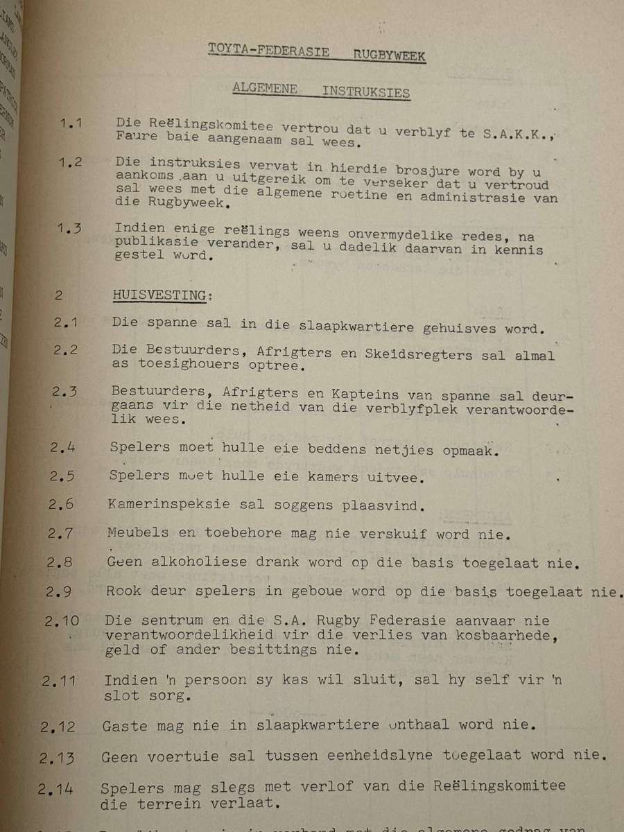 Rugby Itinerary/Programme - Toyota Junior Rugby Week (Cape Corps School) 1986