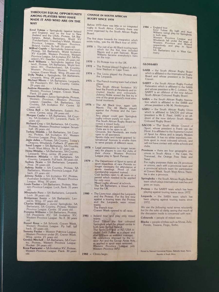 Rugby Brochure - (6 Pages) Rugby in South-Africa: The facts (Issued approx 1985)