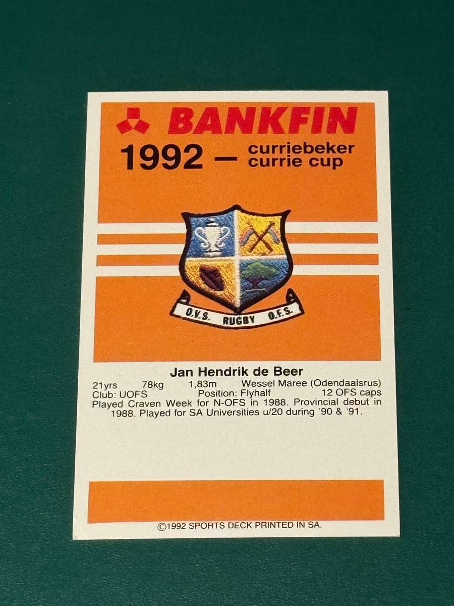 Rugby Card - *SIGNED* Jannie de Beer 1992 Sports Deck Rugby Card