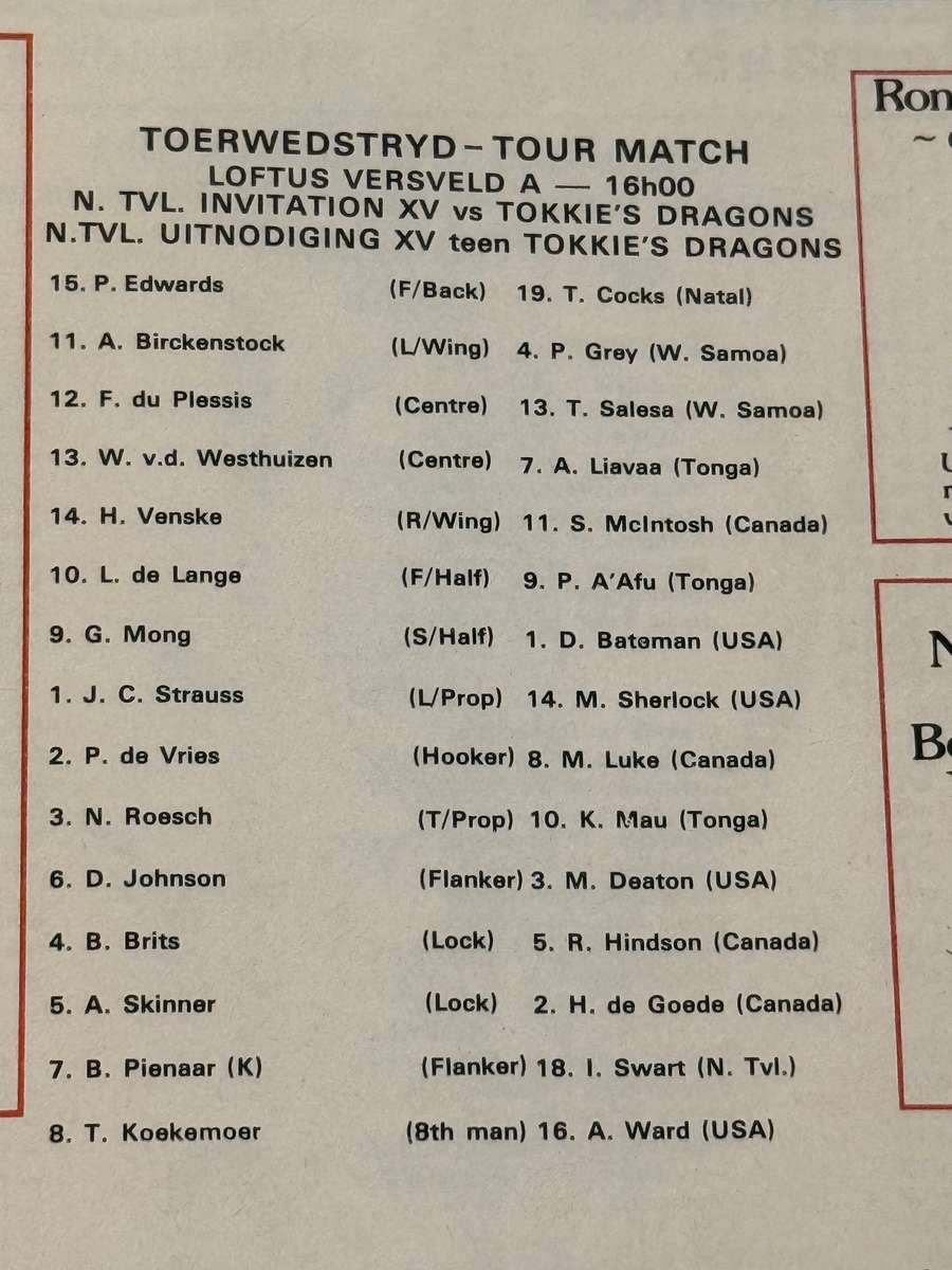 Rugby Programme - Northern-Transvaal XV vs Tokkies Dragons 11/08/1982