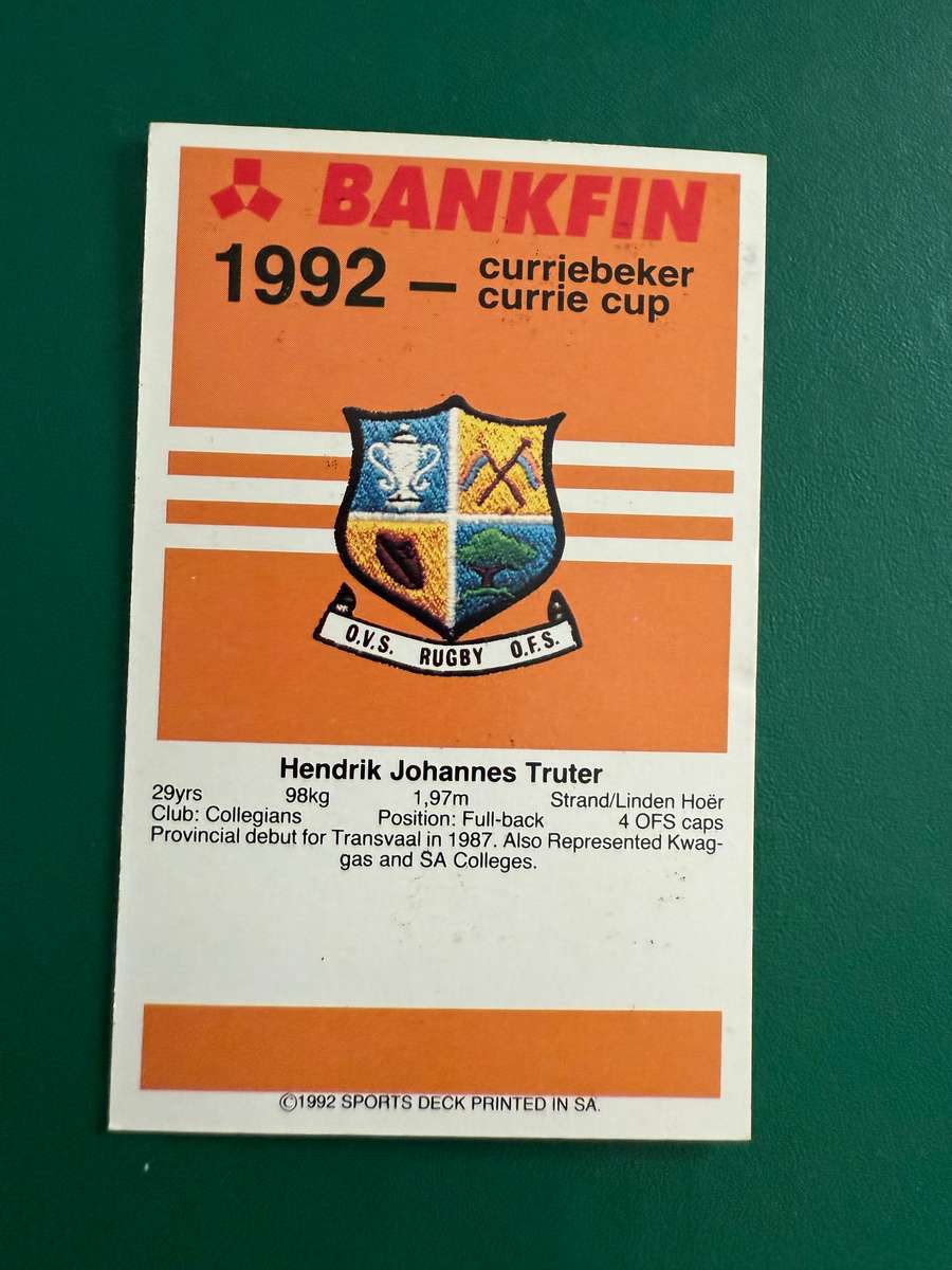Rugby Card - Hendrik Truter 1992 Sports Deck Rugby Card