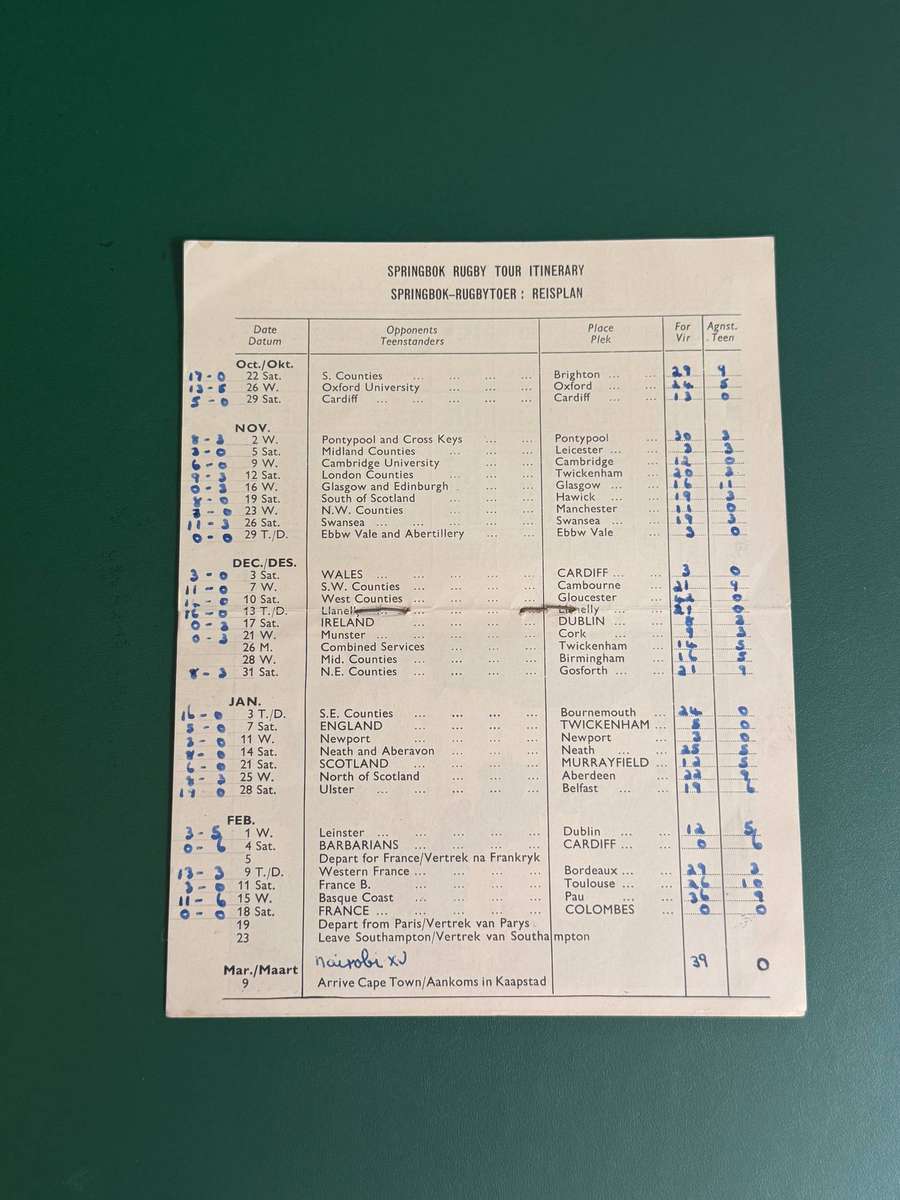Rugby Itinerary - Springbok Tour 1960/1961 issued by Caltex