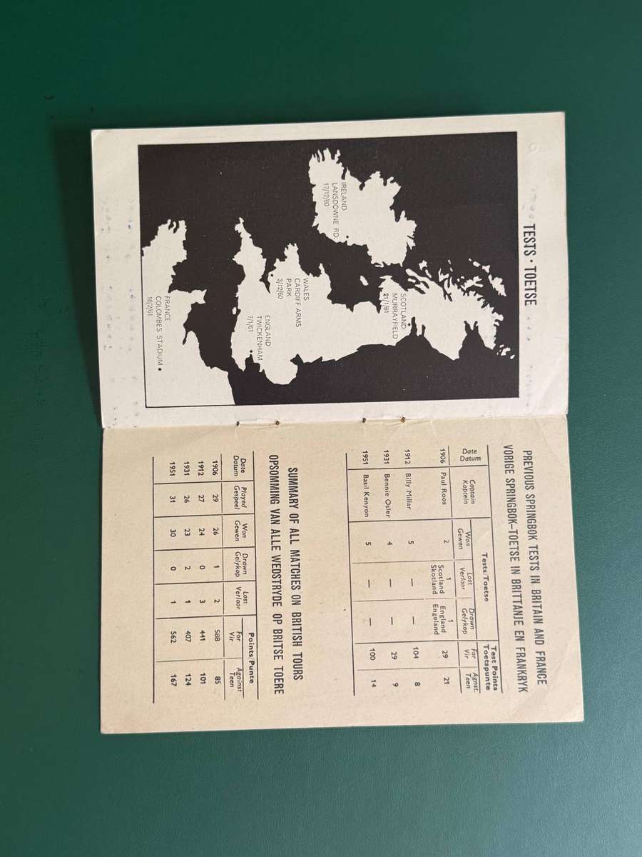 Rugby Itinerary - Springbok Tour 1960/1961 issued by Caltex