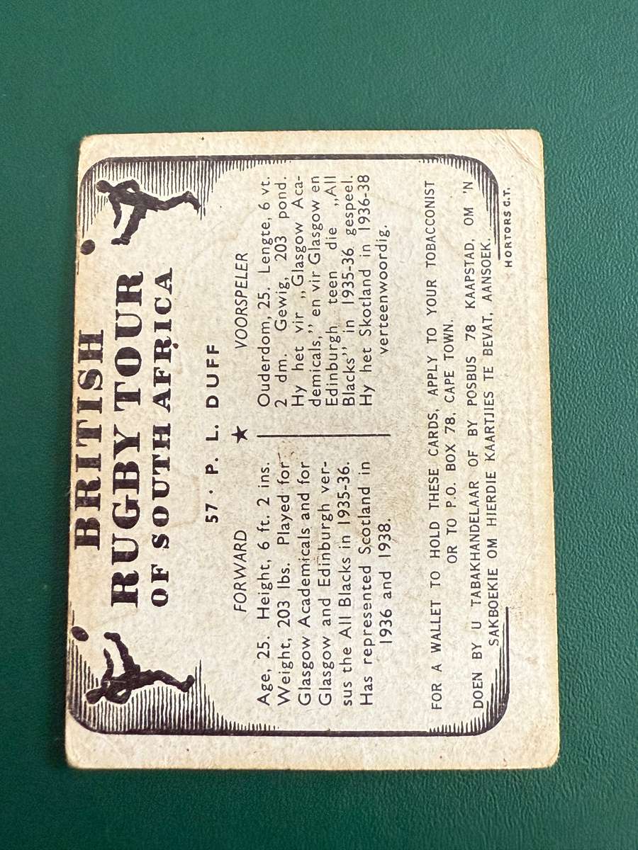 Rugby Card - PL Duff United Tobacco 1938 Rugby Card