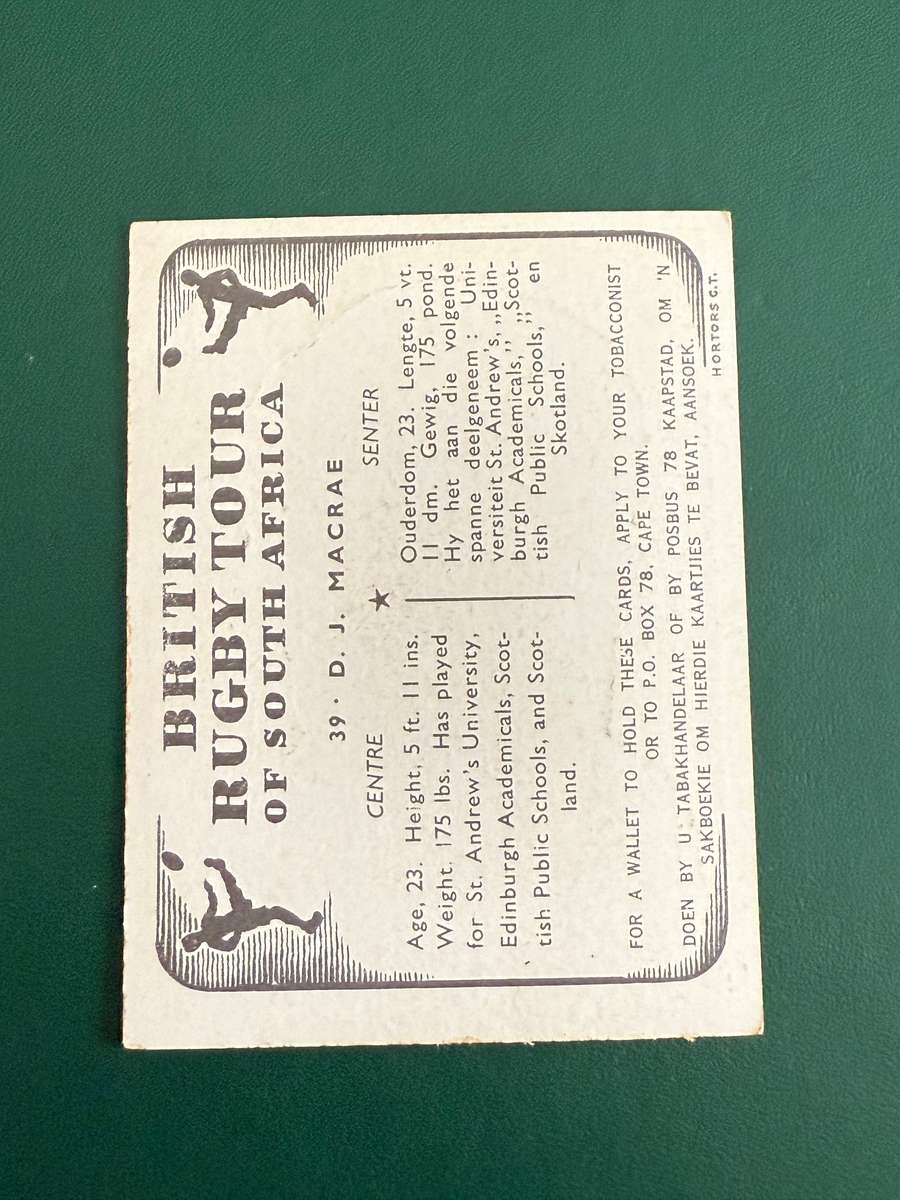 Rugby Card - DJ Macrae United Tobacco 1938 Rugby Card