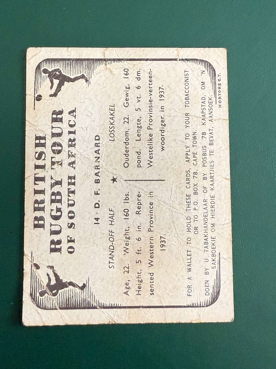 Rugby Card - DF Barnard United Tobacco 1938 Rugby Card