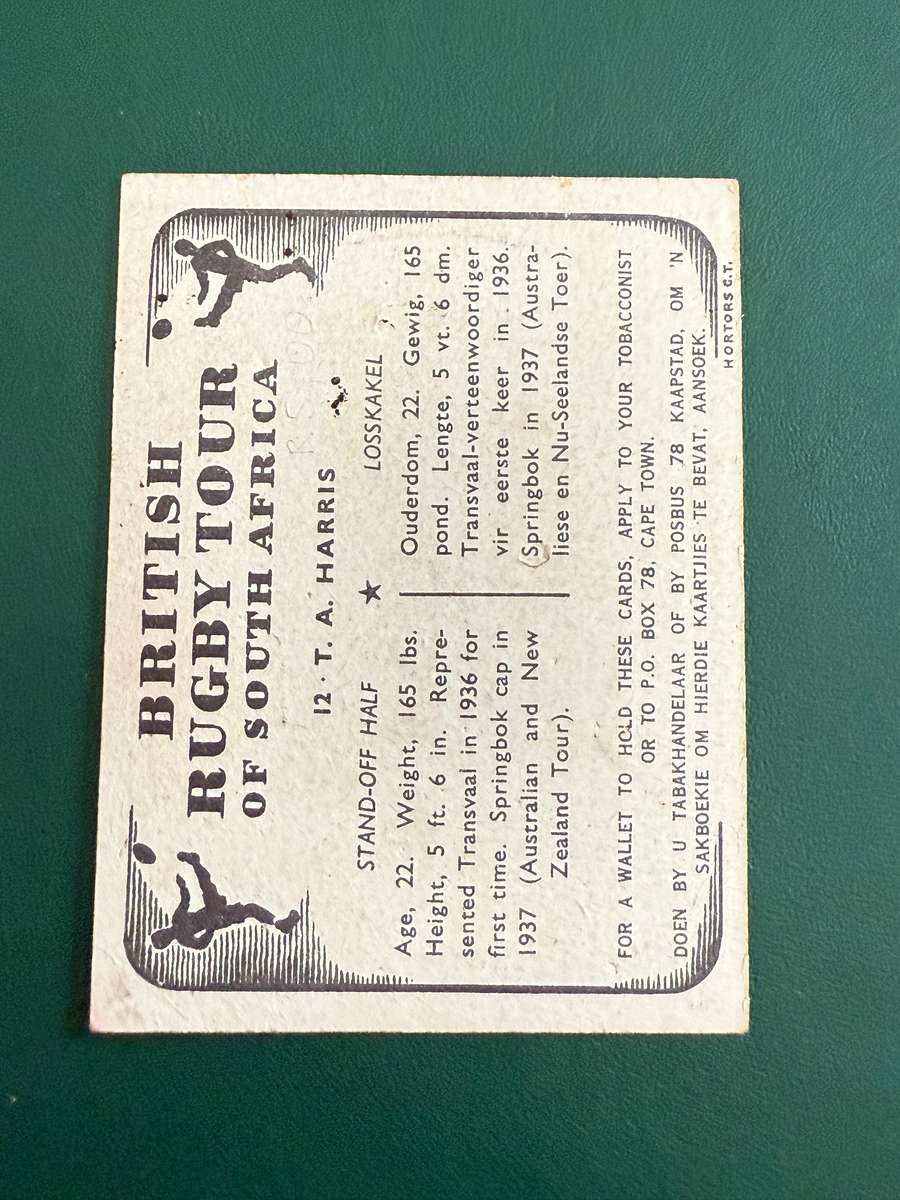 Rugby Card - TA Harris United Tobacco 1938 Rugby Card