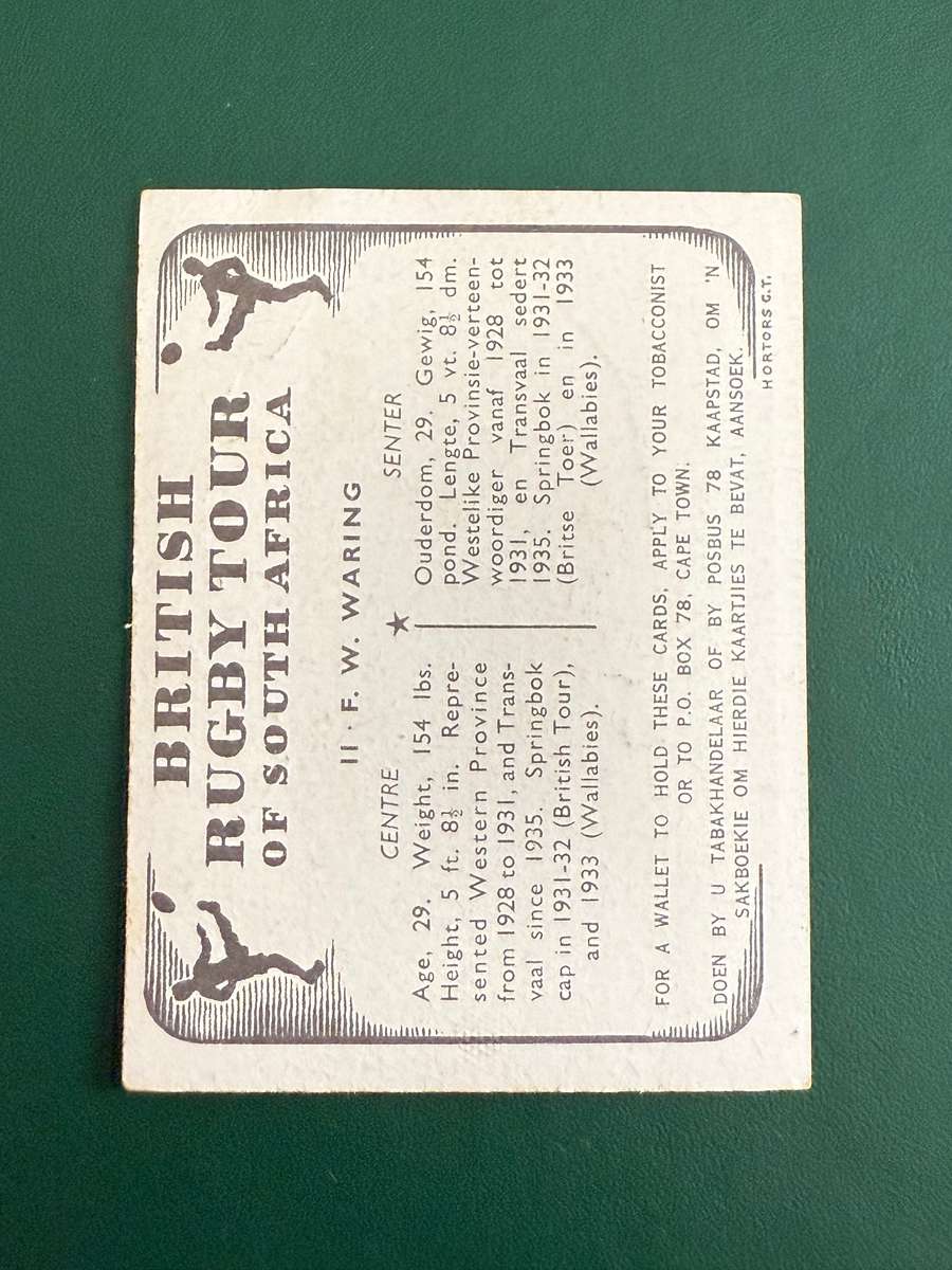 Rugby Card - FJ Waring United Tobacco 1938 Rugby Card