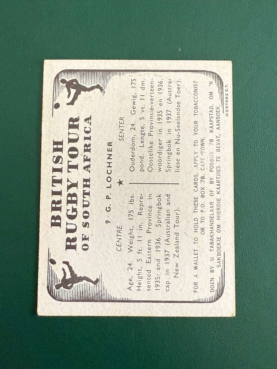 Rugby Card - GP Lochner United Tobacco 1938 Rugby Card