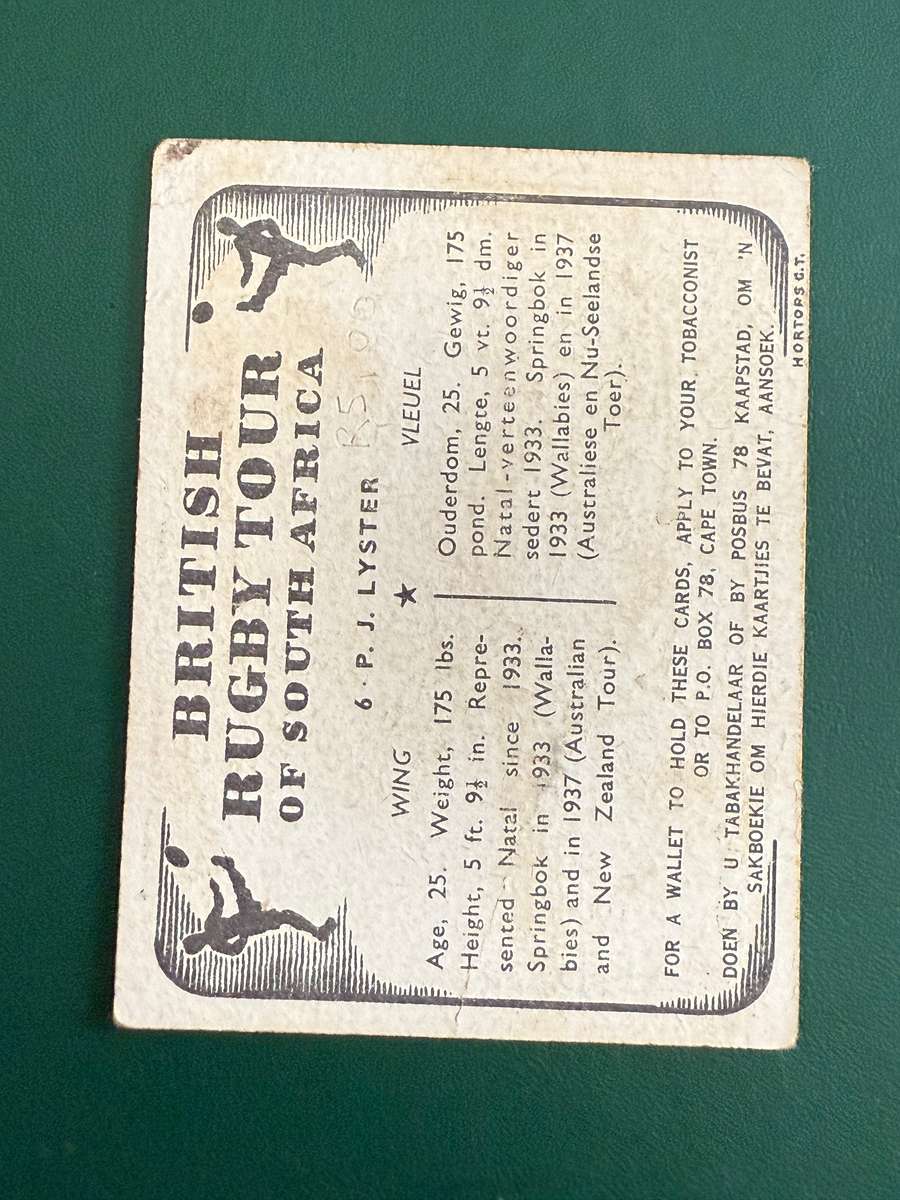 Rugby Card - PJ Lyster United Tobacco 1938 Rugby Card