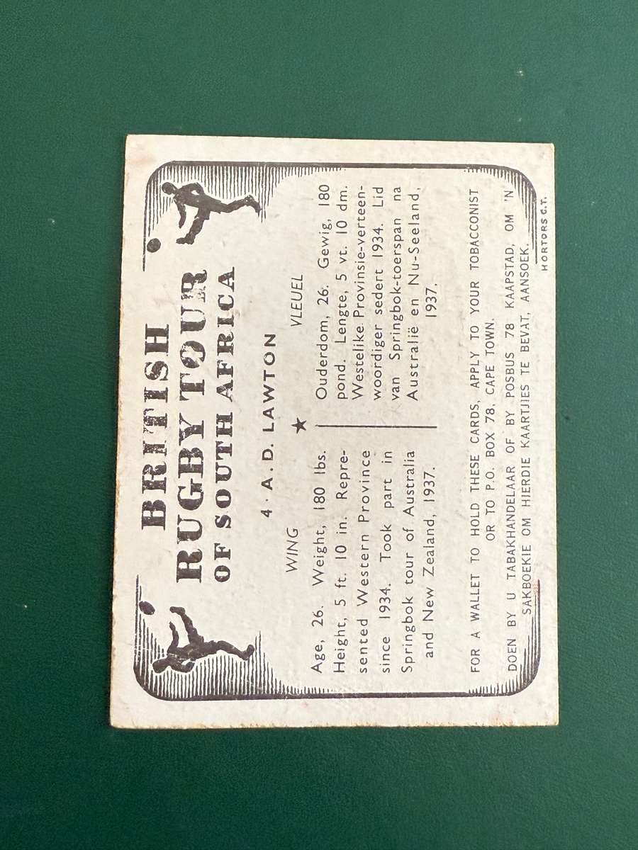 Rugby Card - AD Lawton United Tobacco 1938 Rugby Card