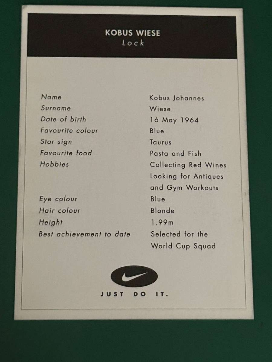 Rugby Card - Kobus Wiese 1999/2000 Nike Rugby Card