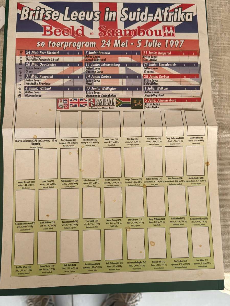 Rugby Itinerary/Wall Chart - 1997 British Lions Tour to South-Africa