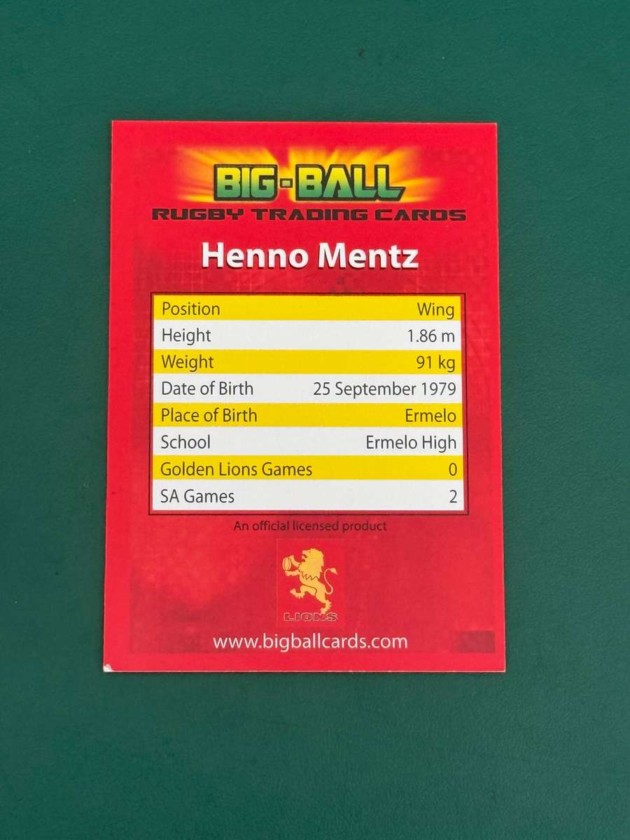 Rugby Card - *SIGNED* Henno Mentz 2009 Big Ball Rugby Card