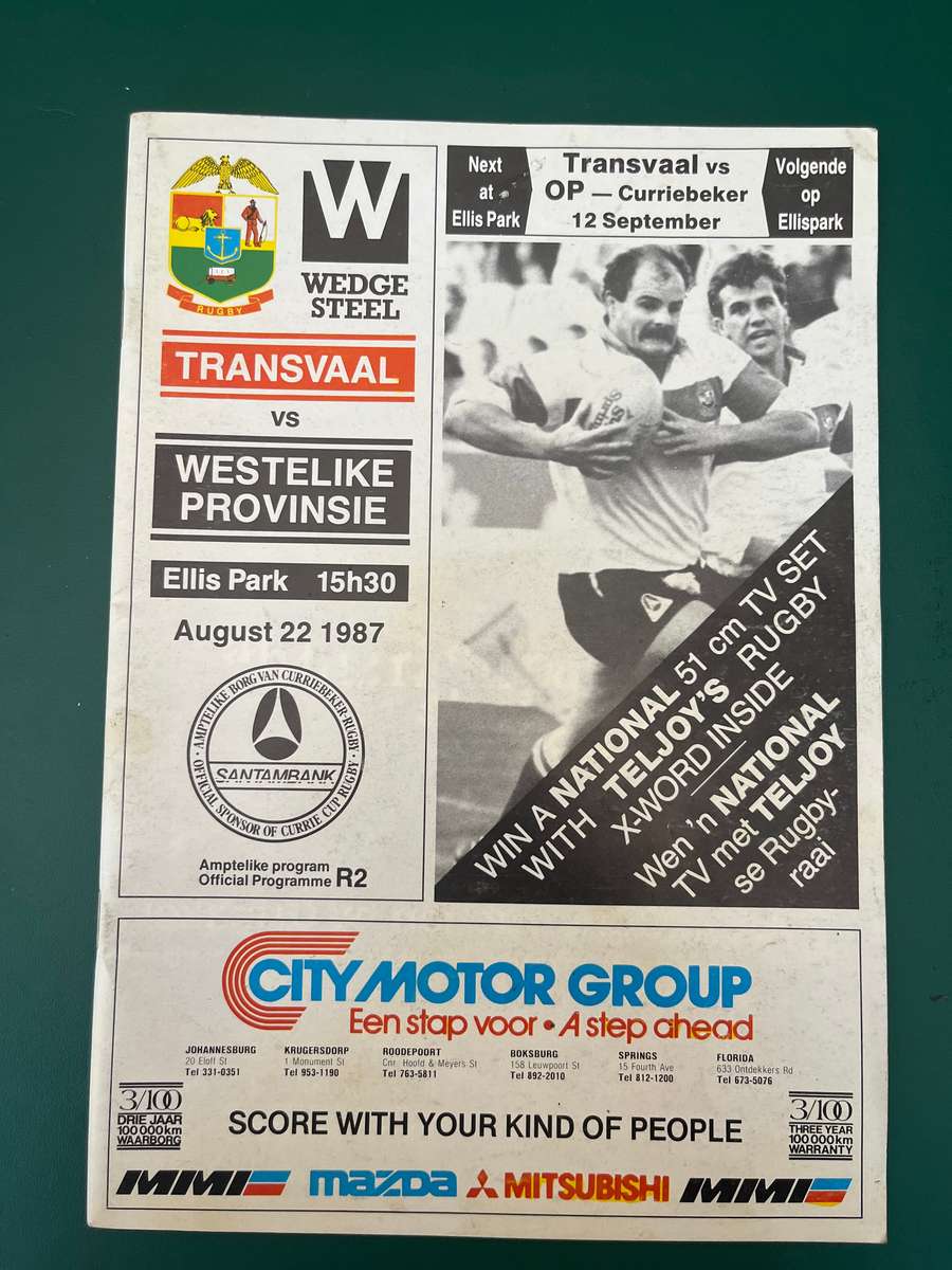 Rugby Programme - Transvaal vs Westelike Provinsie 22/08/1987