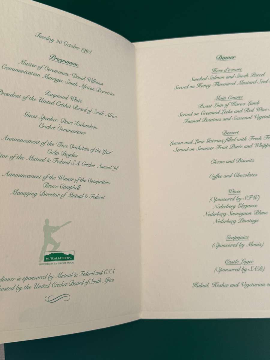 Cricket Menu - 20/10/1998 *SIGNED by 13 at Mutual and Federal SA Cricket Annual Function