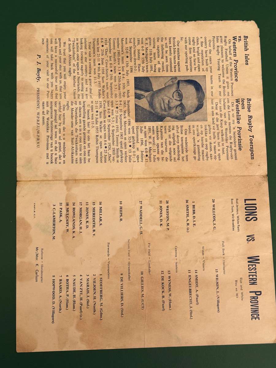 Rugby Programme - Western-Province vs British Lions 14/07/1962