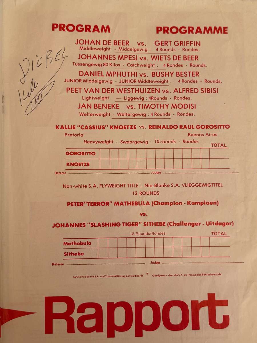 Boxing Programme - Peter Mathebula vs Johannes Sithebe/Kallie Knoetze vs R. Gorositto 04/03/1977