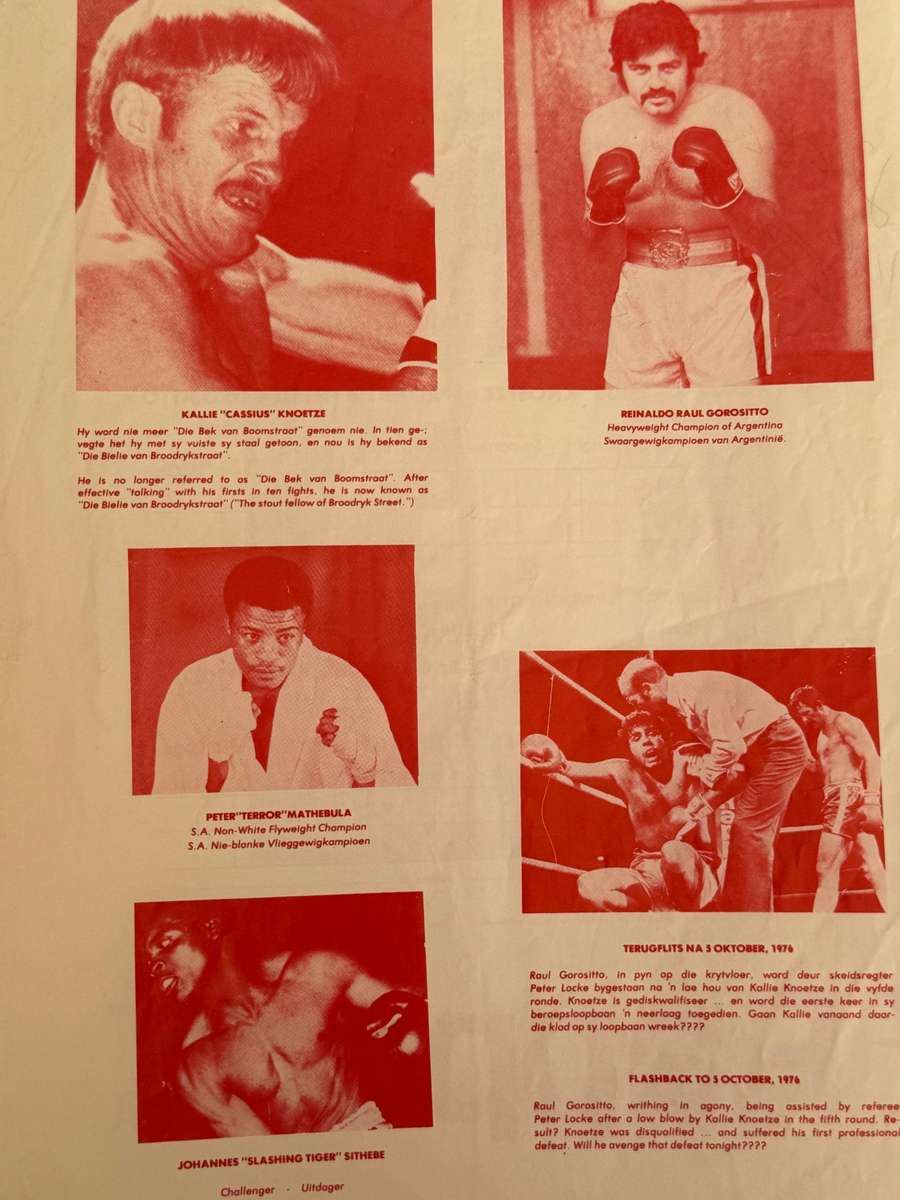 Boxing Programme - Peter Mathebula vs Johannes Sithebe/Kallie Knoetze vs R. Gorositto 04/03/1977