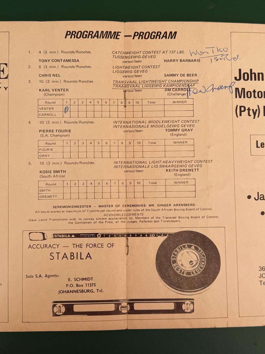 Boxing Programme - Pierre Fourie vs Tommy Gray (Eng)/Kosie Smith vs Keith Drewett (Eng) 03/04/1977