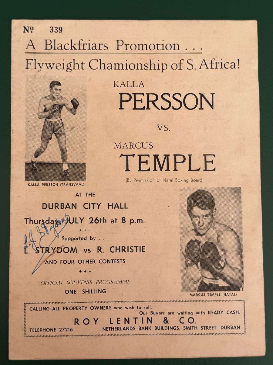 Boxing Programme - *SIGNED* Kalla Persson vs Marcus Temple (SA Championship Fight) 26/07/1951