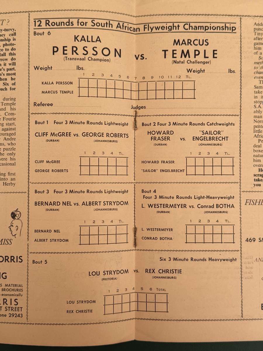 Boxing Programme - *SIGNED* Kalla Persson vs Marcus Temple (SA Championship Fight) 26/07/1951