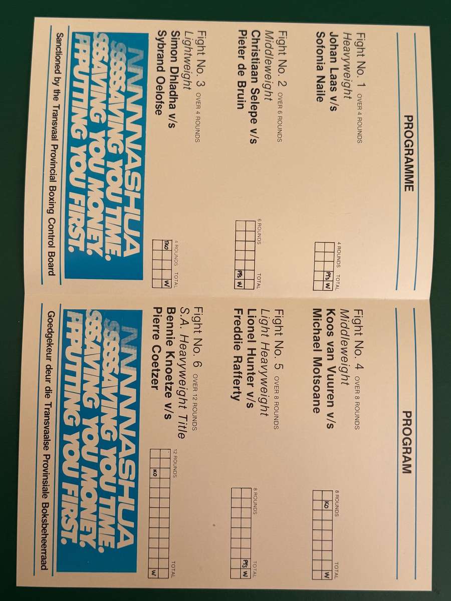 Boxing Programme - *SIGNED* Pierre Coetzer vs Bennie Knoetze 22/09/1984