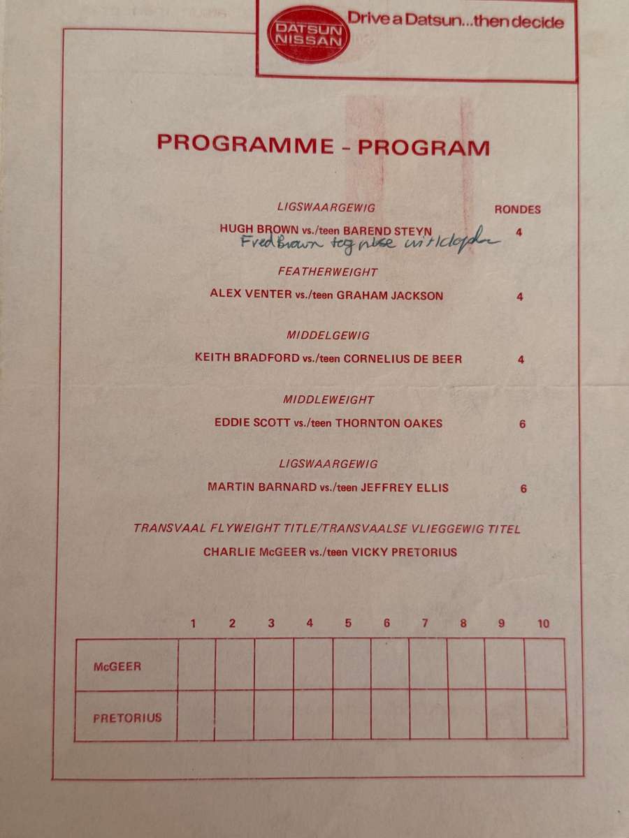 Boxing Programme - *SIGNED*  Charlie McGeer vs Vicky Pretorius 4/03/1978