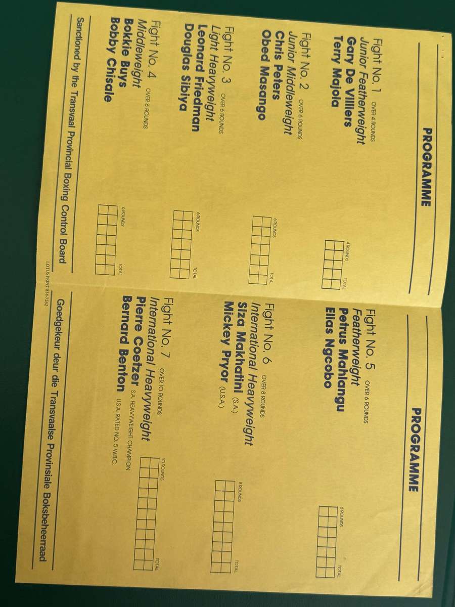 Boxing Programme - *SIGNED* Pierre Coetzer vs Bernard Benton 28/09/1987