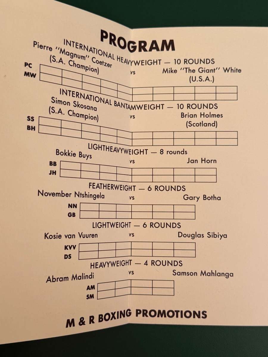 Boxing Programme - *SIGNED*  Pierre Coetzer (SA) vs Mike White (USA) 11/02/1989