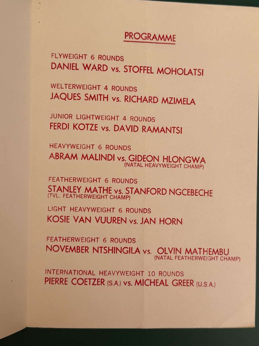 Boxing Programme - *SIGNED* Pierre Coetzer (SA) vs Michael Greer (USA) 29/05/1989