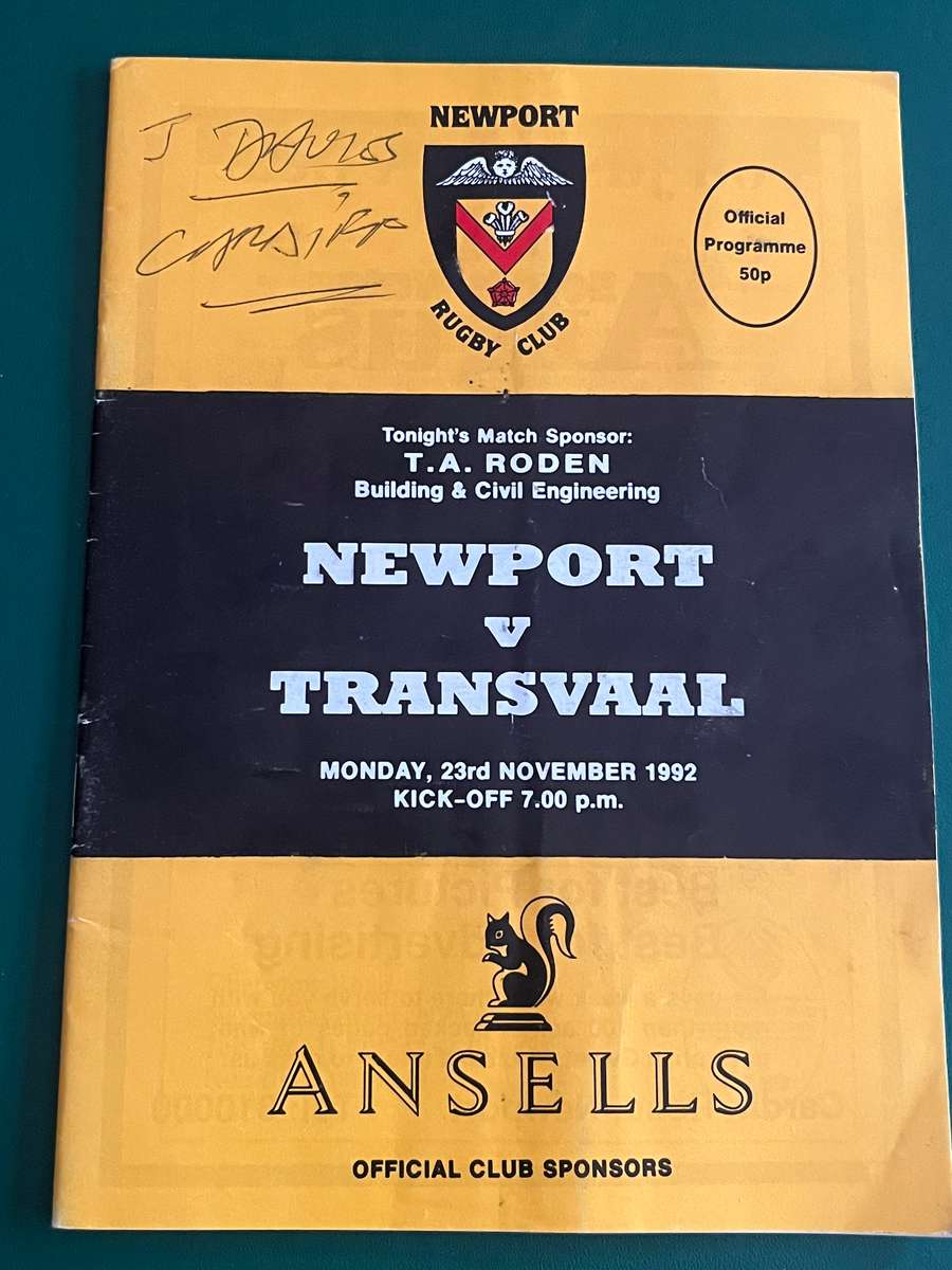 Rugby Programme - Newport vs Transvaal 23/11/1992